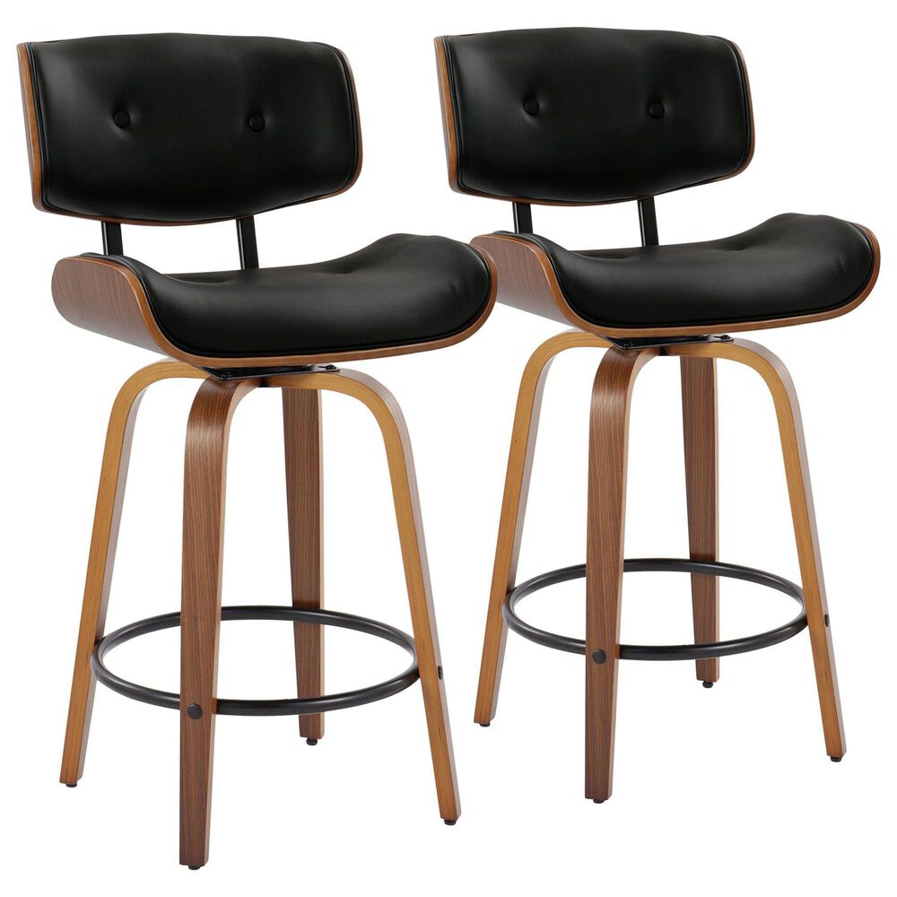LumiSource Lombardi 26" Swivel Counter Stool with Black Faux Leather Upholstery in Walnut and Black (Set of 2), , large