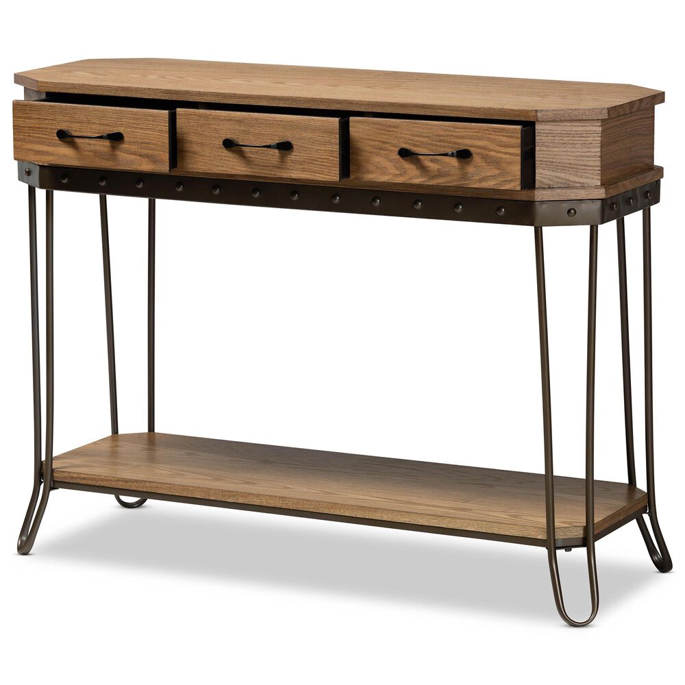 Baxton Studio Kellyn 3-Drawer Console Table in Oak Brown/Black, , large