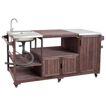 HOMLUX 75.4" Outdoor Kitchen Island with Sink, Solid Wood Outdoor Grill Cart for XL Green Egg Grills, Rolling Outdoor Bar Cart with Stainless Steel Top, for Pizza Prep & BBQ, Brown, , large