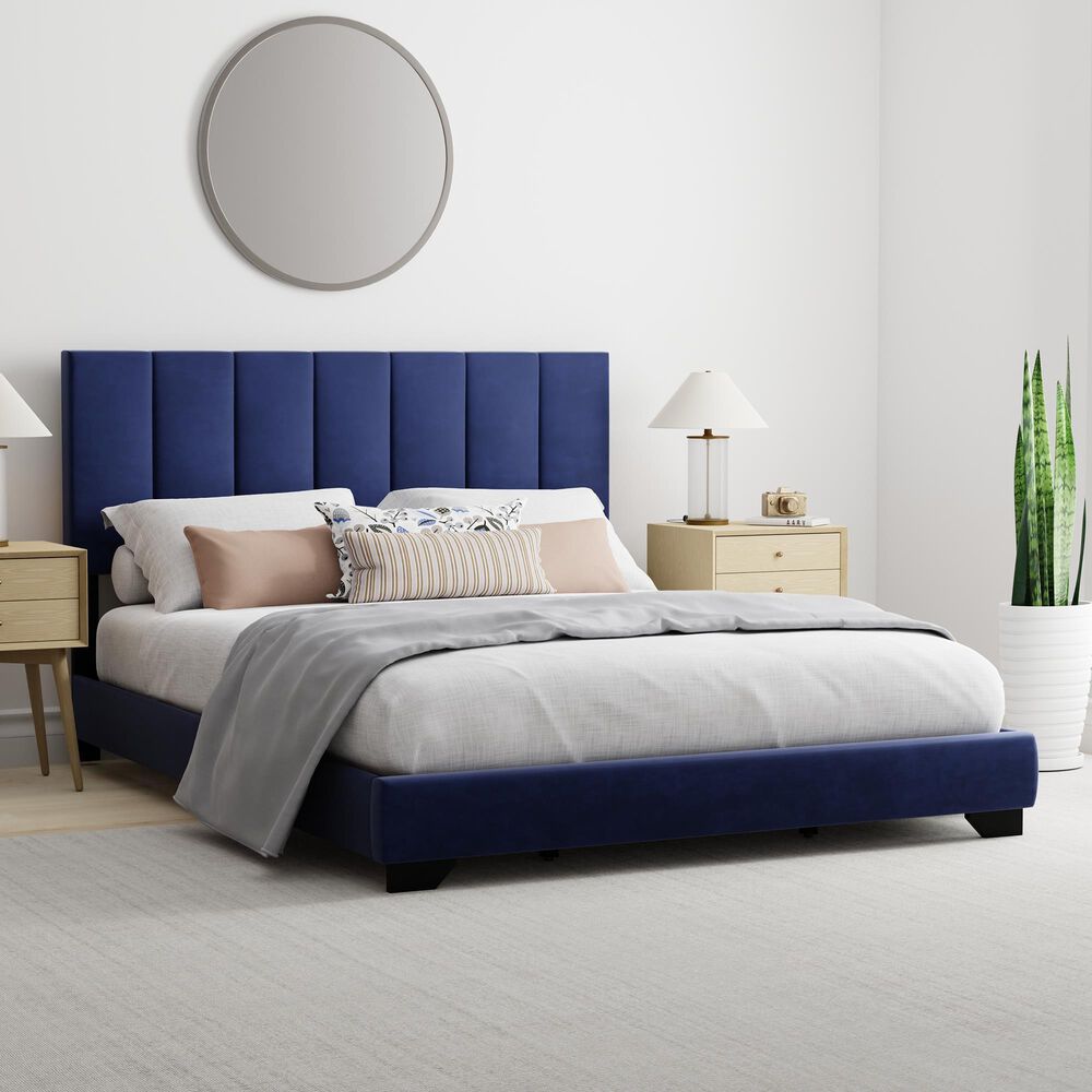 Richlands Furniture Reece Queen Upholstered Panel Bed in Sapphire Blue, , large