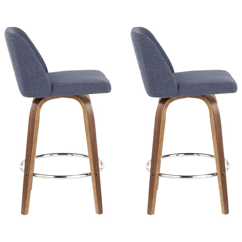 LumiSource Toriano Swivel Counter Stool with Blue Fabric Upholstery in Walnut and Chrome (Set of 2), , large