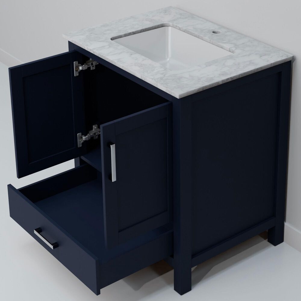 Lexora Home Jacques 30&quot; Single Bathroom Vanity in Navy Blue with 2 cm White Carrara Marble Top and Rectangular Sink, , large