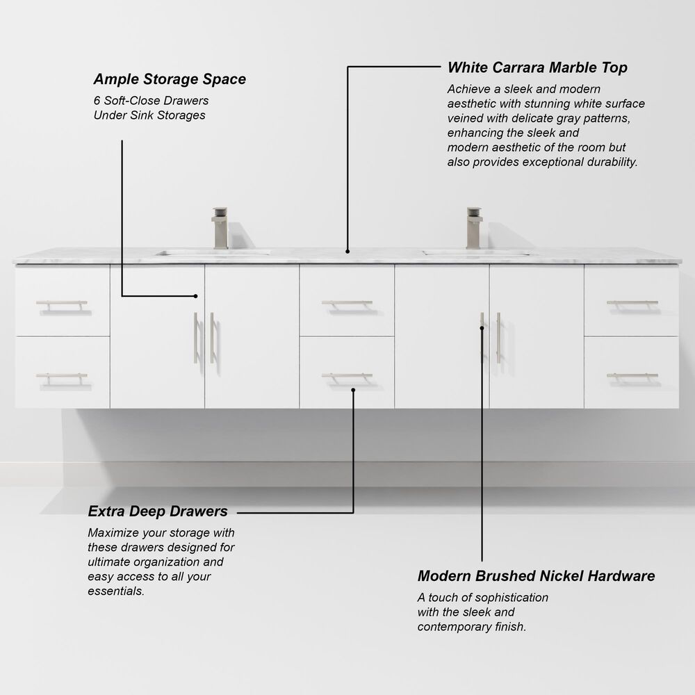 Lexora Home Geneva 84" Double Bathroom Vanity in Glossy White with 2 cm White Carrara Marble Top and Rectangular Sinks, , large