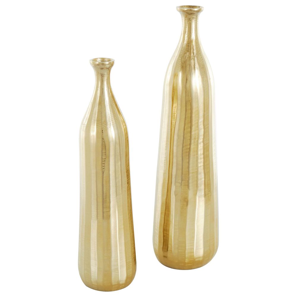 Maple and Jade 2-Piece Decorative Vase Set with Wavy Accents and Textured Ridges in Shiny Gold, , large