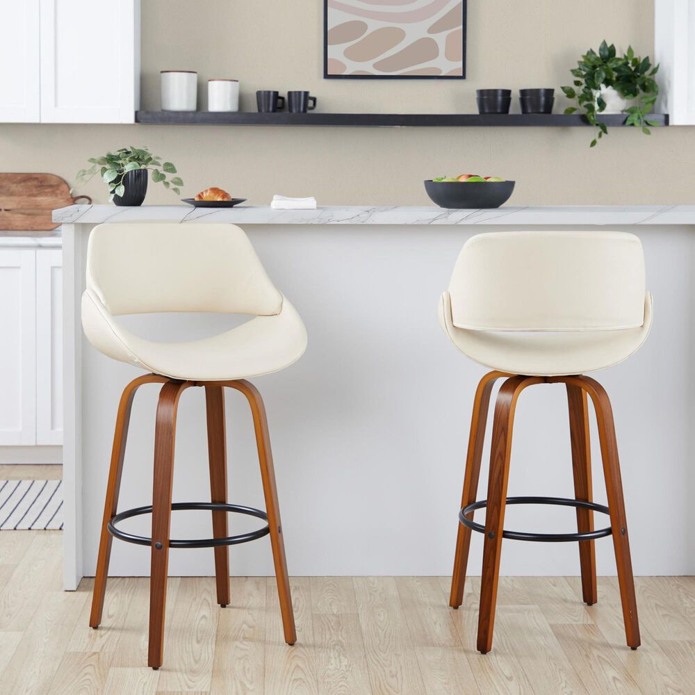 LumiSource Fabrico 30" Swivel Fixed-Height Bar Stool with Cream Faux Leather Upholstery in Black and Walnut (Set of 2), , large
