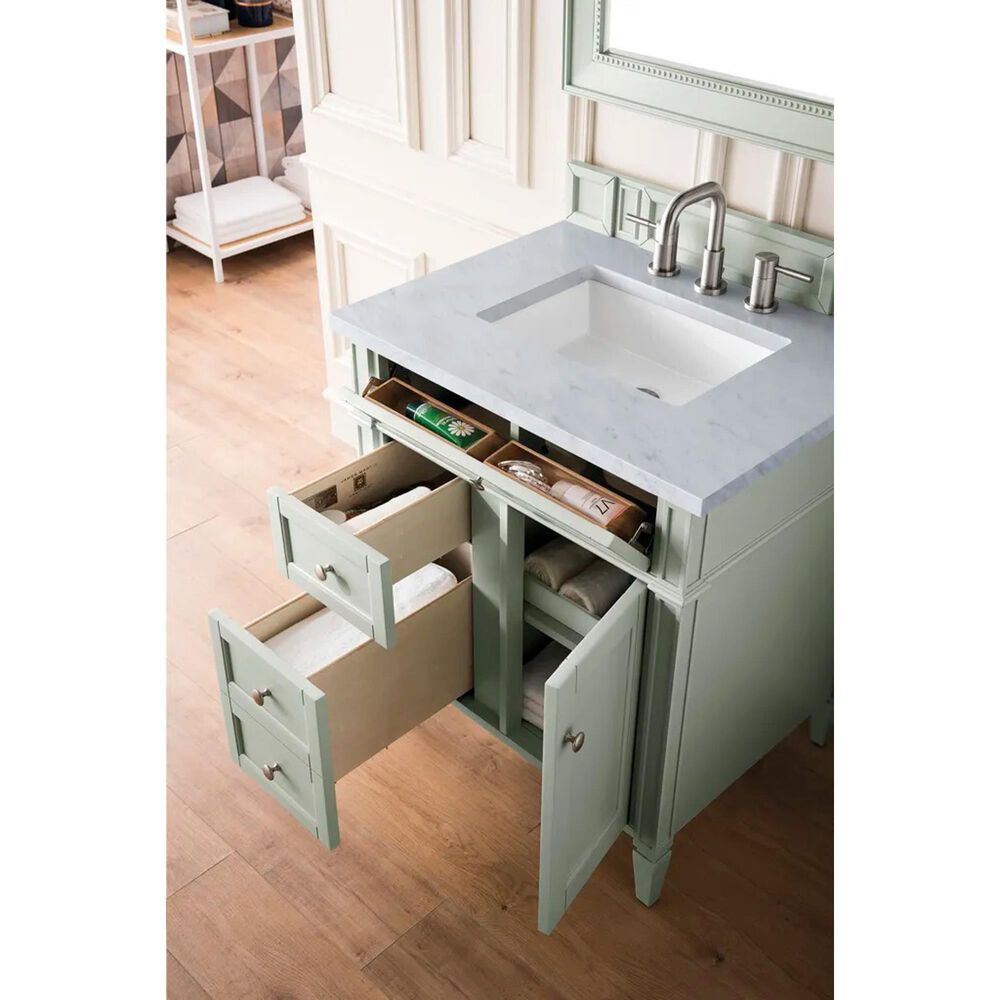 James Martin Vanities Brittany 30&quot; Single Bathroom Vanity in Sage Green with 3 cm Carrara White Marble Top and Rectangle Sink, , large