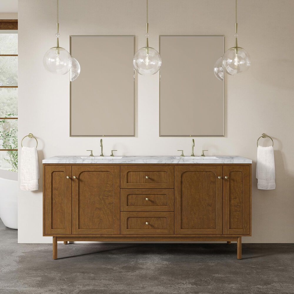 James Martin Laurent 72" Double Bathroom Vanity in Honey Oak with 3 cm Carrara Marble Top and Rectangular Sinks, , large