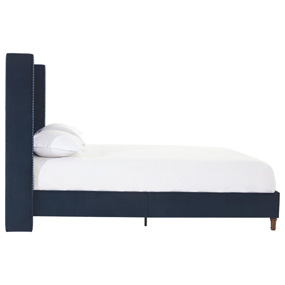 Hearth and Haven Peyton Queen Platform Bed with Blue Upholstery in Walnut, , large