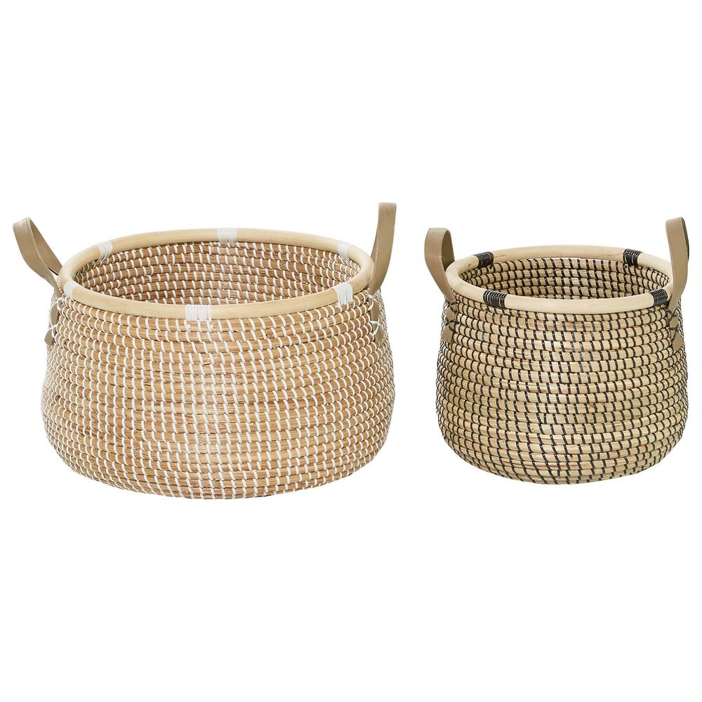 Maple and Jade Contemporary Wood Storage Basket with White and Black Accents Set of 2, , large