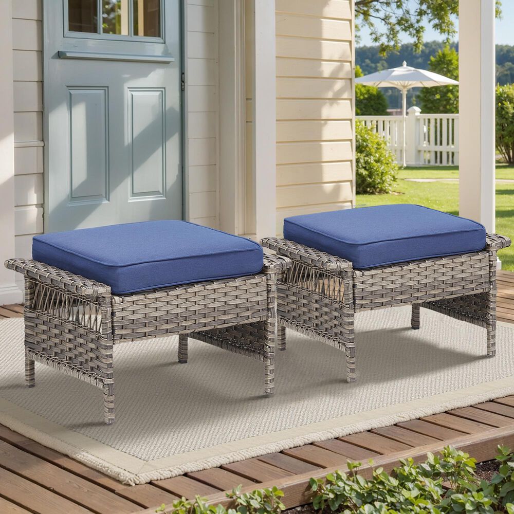Hearth and Haven Patio Wicker Ottoman with Widened Armrest in Blue (Set of 2), , large