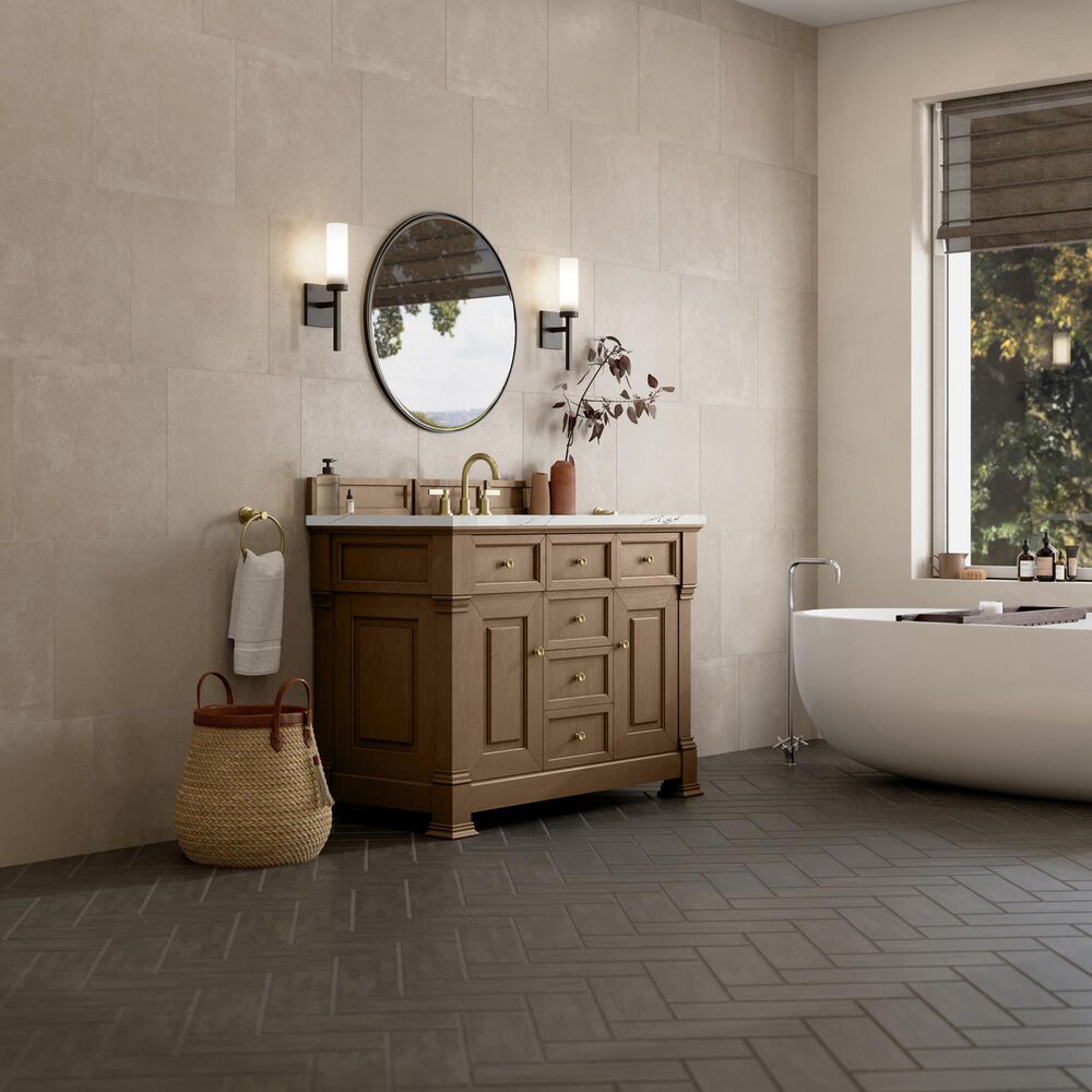 James Martin Vanities Brookfield 48" Single Bathroom Vanity in Pecan with 3 cm Ethereal Noctis Silestone Top, Rectangle Sink and FreePower Wireless Charger, , large