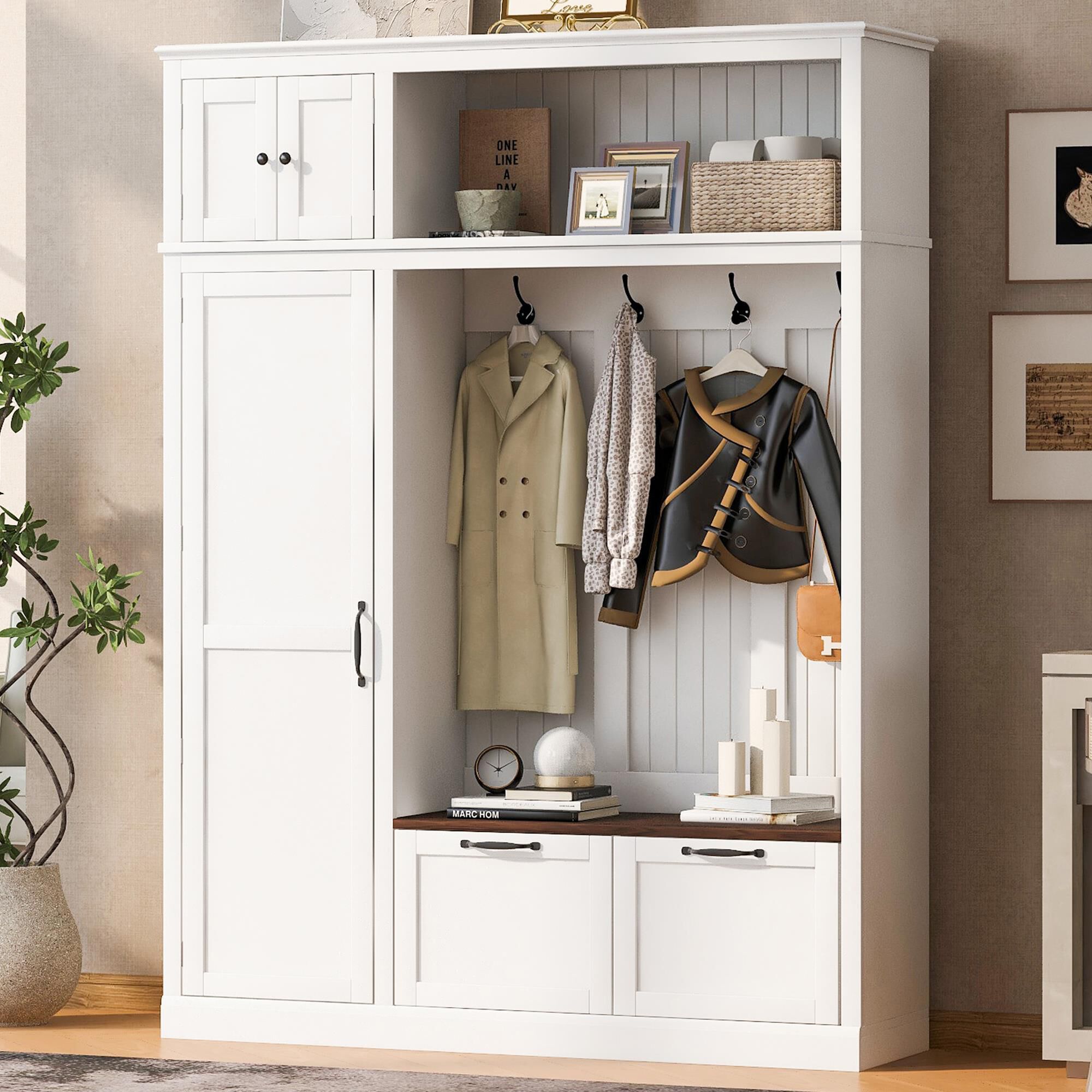 GigaCloud 3-in-1 Hall Tree with 2 Drawers and Seat Bench in White