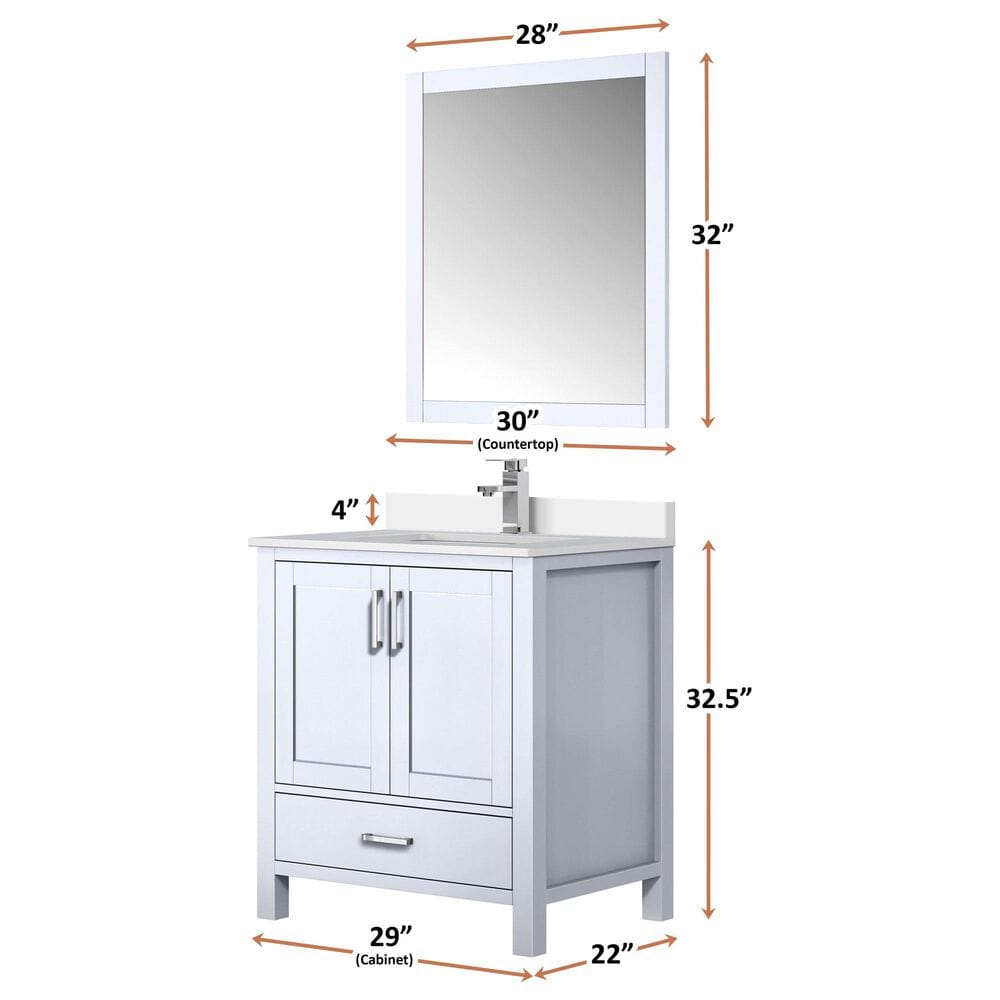 Lexora Home Jacques 30&quot; Single Bathroom Vanity in Navy Blue with 2 cm White Quartz Top, Rectangular Sink and 28&quot; Mirror, , large