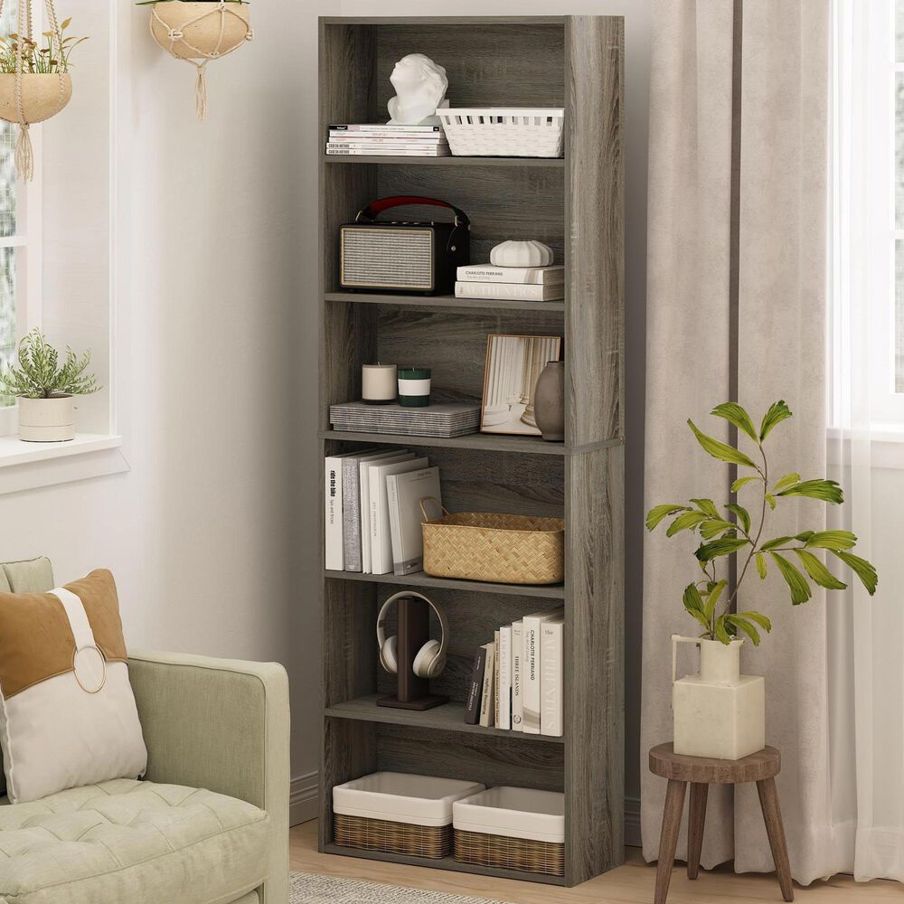 HOMLUX 6-Tier Free Standing Open Storage Bookcase in French Oak, , large