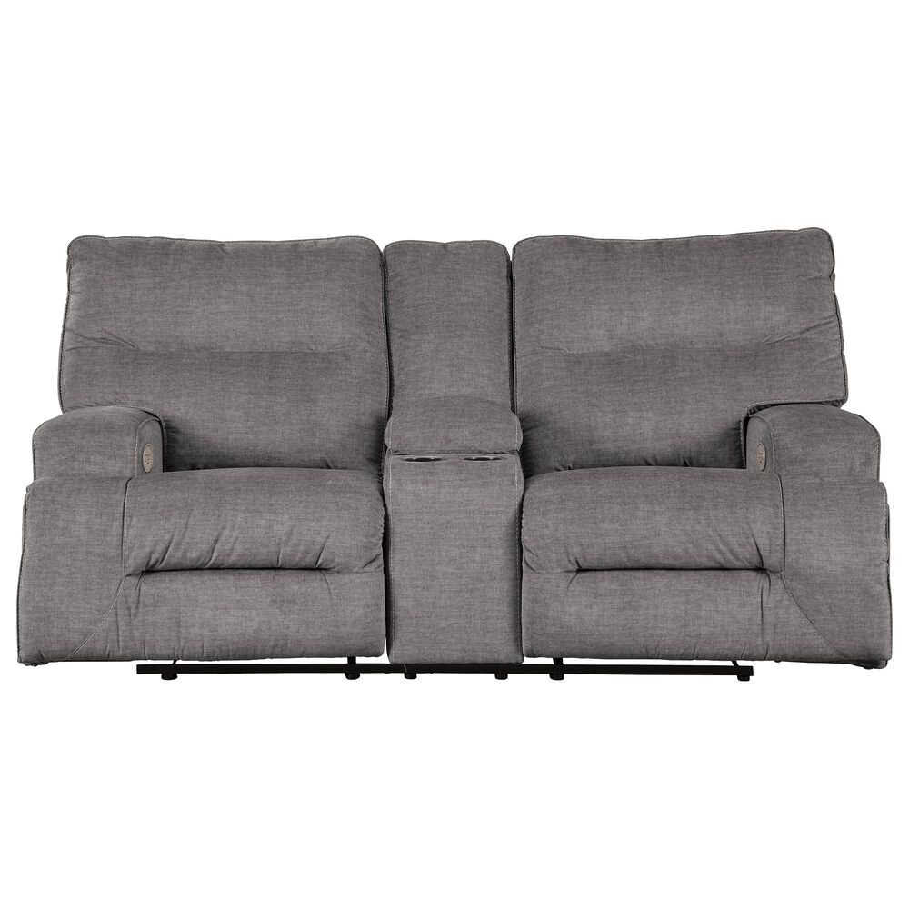 Benchcraft Coombs Double Power Reclining Loveseat with Console in Charcoal, , large