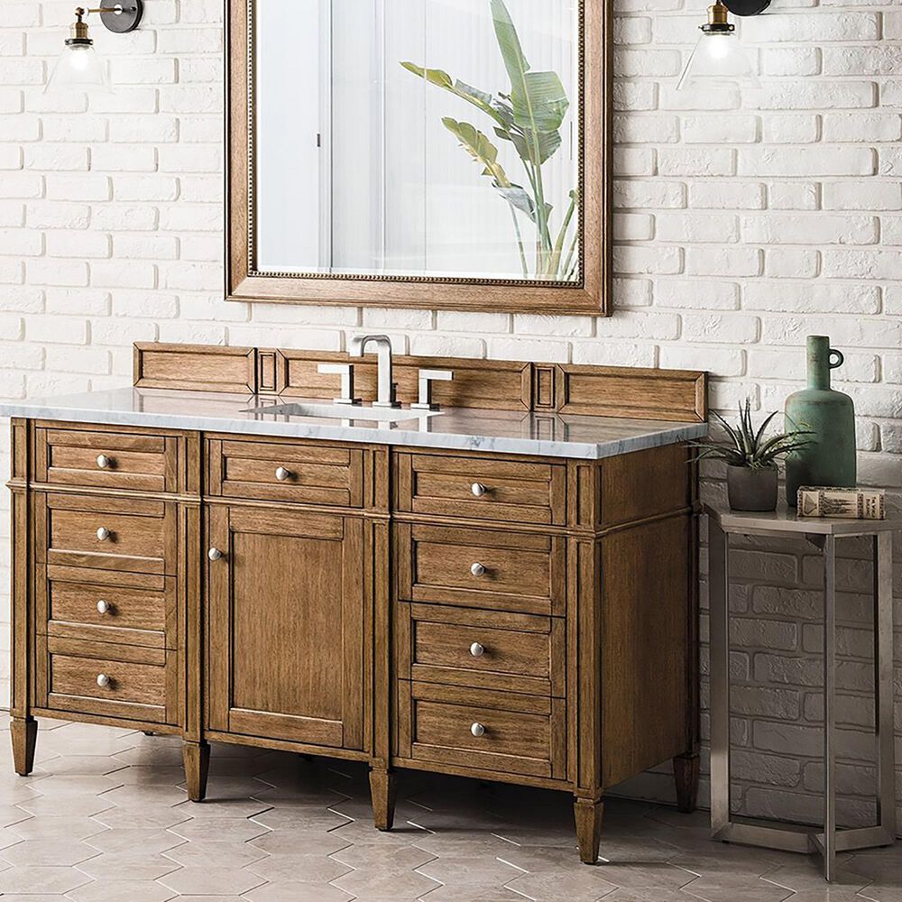 James Martin Vanities Brittany 60" Single Bathroom Vanity in Saddle Brown with 3 cm Eternal Jasmine Pearl Quartz Top and Rectangular Sink, , large
