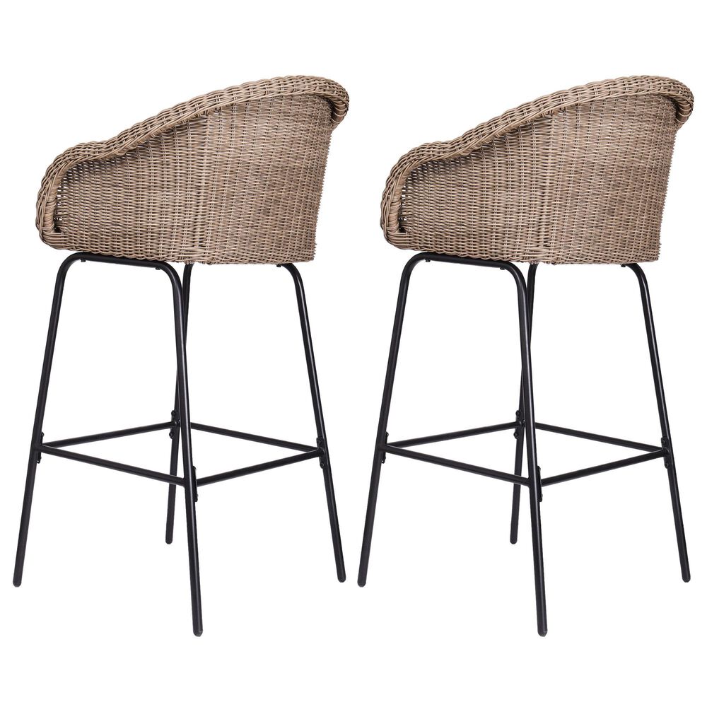 Hearth and Haven Ladd Outdoor Faux Wicker Barstool with Black Metal Frame in Light Brown (Set of 2), , large
