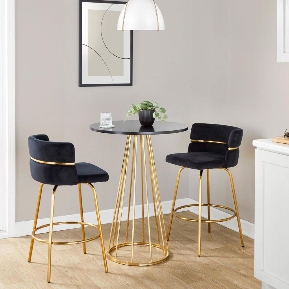 LumiSource Cinch 26" Swivel Counter Stool with Black Upholstery in Gold (Set of 2), , large
