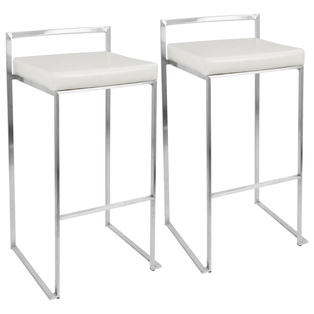 Lumisource Fuji Stackable Barstool with White Faux Leather in Brushed Stainless Steel (Set of 2), , large