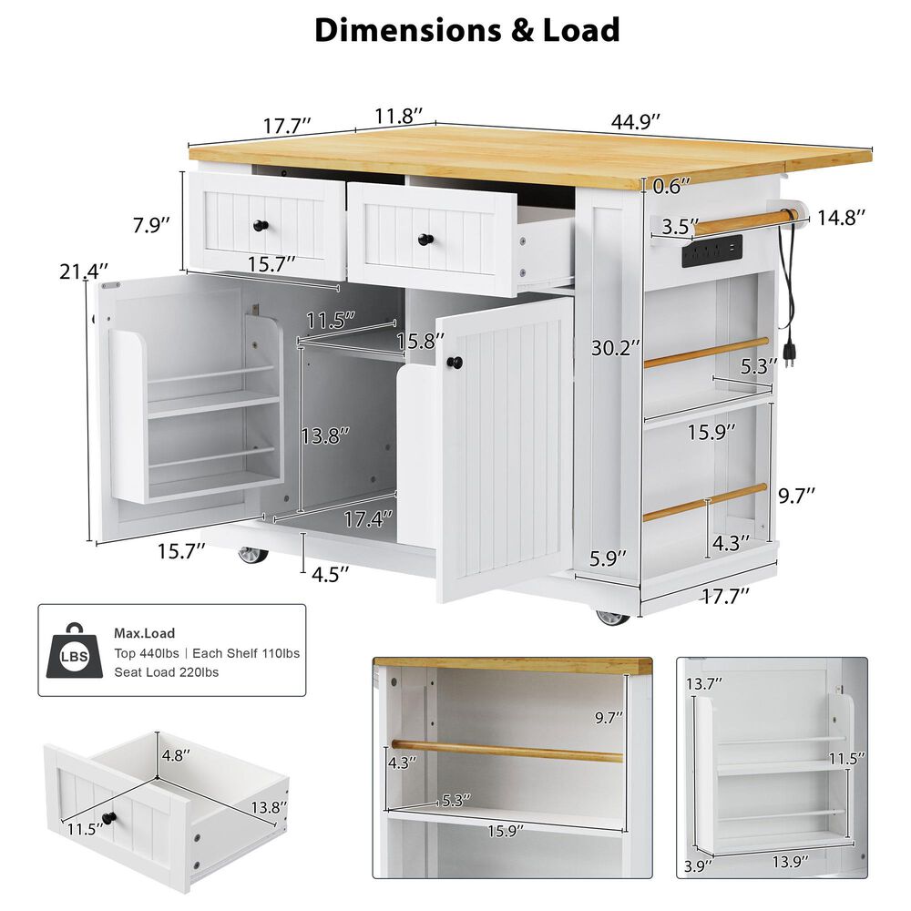 HOMLUX 48" Kitchen Island with Drop Leaf in White and Natural, , large