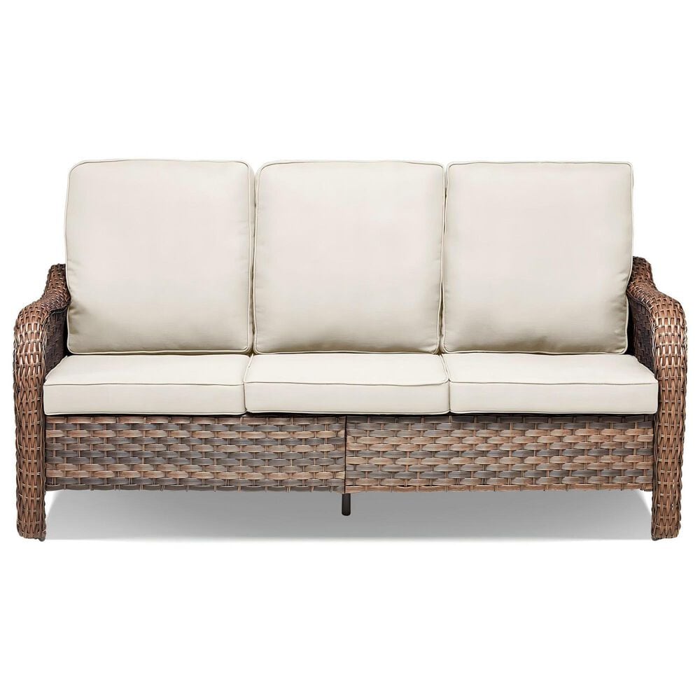 Sunwell Garden 34"H 3-Seater Outdoor Sofa with Curved Armrests and Beige Cushions in Brown, , large