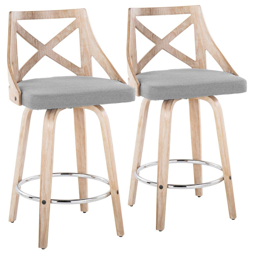 LumiSource Charlotte Swivel Counter Stool with Light Grey Fabric Upholstery in Whitewashed and Chrome (Set of 2), , large