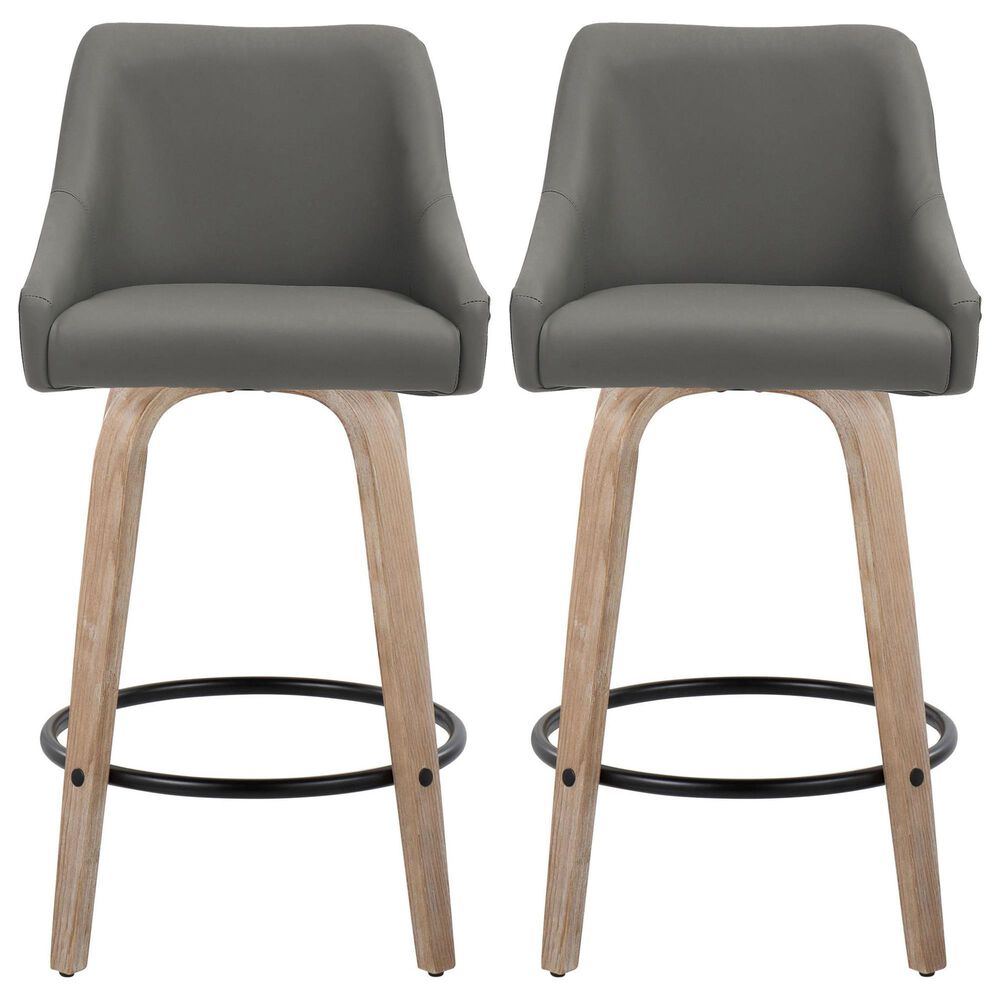 LumiSource Hannah Swivel Counter Stool with Dark Grey Faux Leather Upholstery in Whitewashed and Black (Set of 2), , large