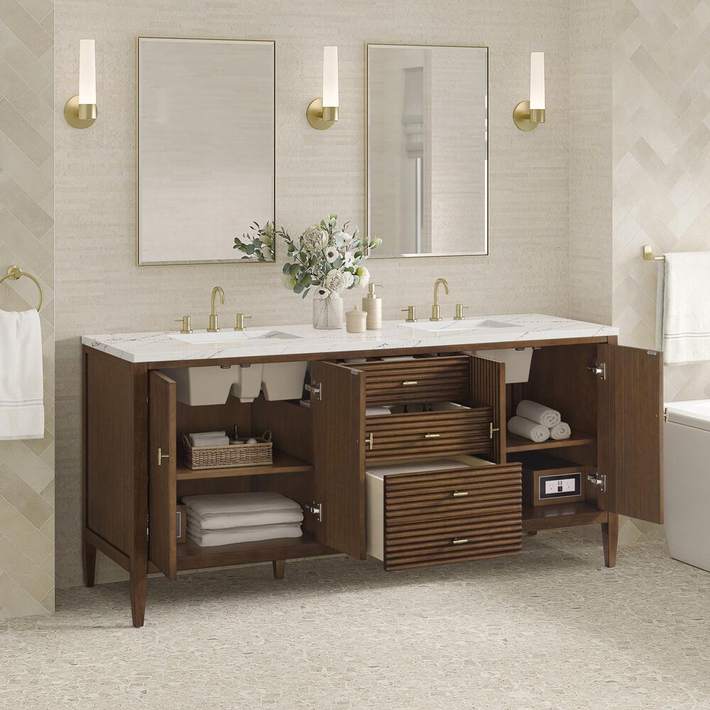 James Martin Vanities Myrrin 72&quot; Double Vanity in Mid Century Walnut with 3 cm Ethereal Noctis Quartz Top, , large