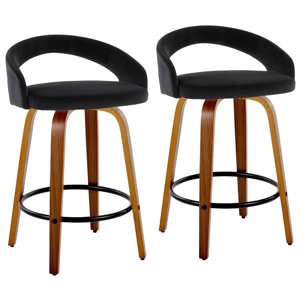 LumiSource Grotto Swivel Counter Stool with Black Velvet Upholstery in Walnut Wood and Black (Set of 2), , large