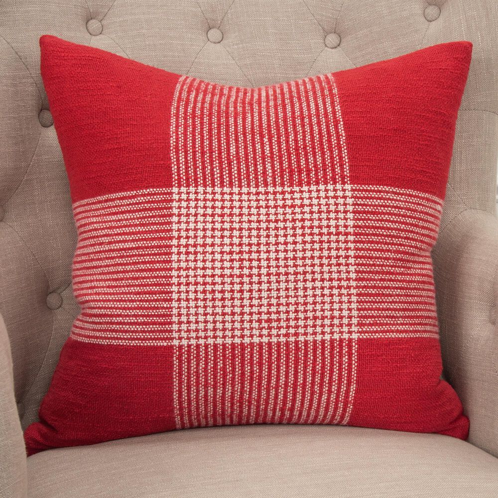 Rizzy Home Plaid 20&quot; Down Filled Pillow in Red/White, , large