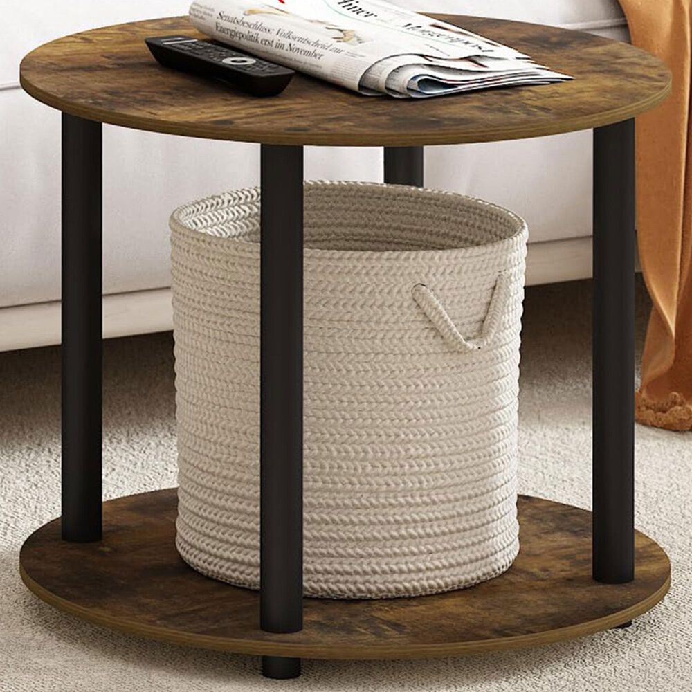 HOMLUX 2-Tier Round End Table in Amber Pine and Black, , large