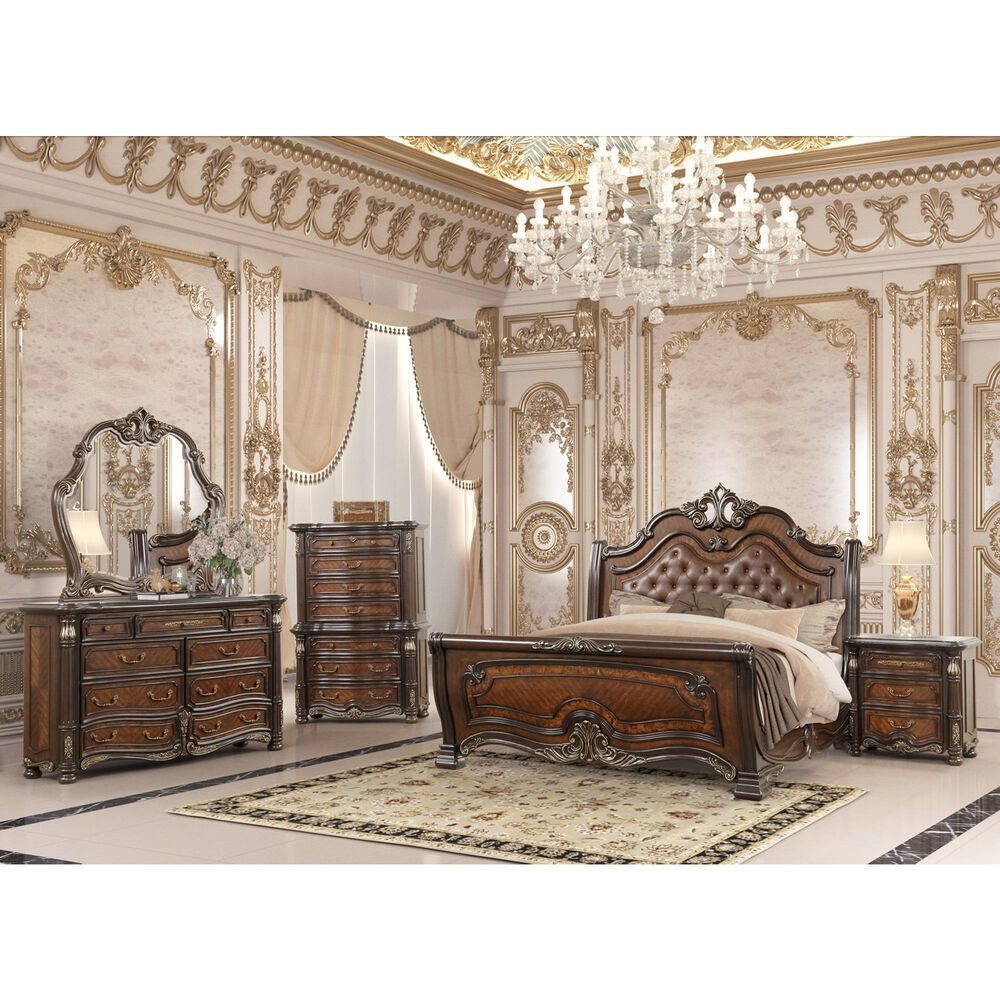 New Heritage Design Bella Note 3-Piece King Sleigh Bedroom Set in Mahogany Brown and Antique Gold, , large