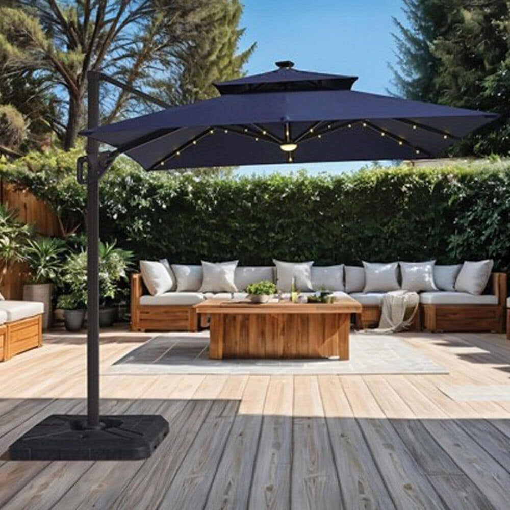 Furniture of America Sahar 8&#39; LED Light Double Top Square Patio Umbrella with Base in Blue, , large