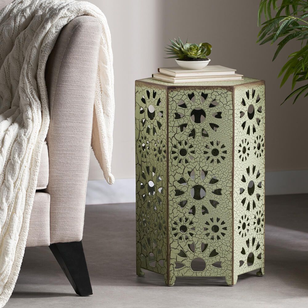 Hearth and Haven Galore 14" Outdoor Hexagon Metal Side Table with Sunburst Cut Out Design in Green, , large