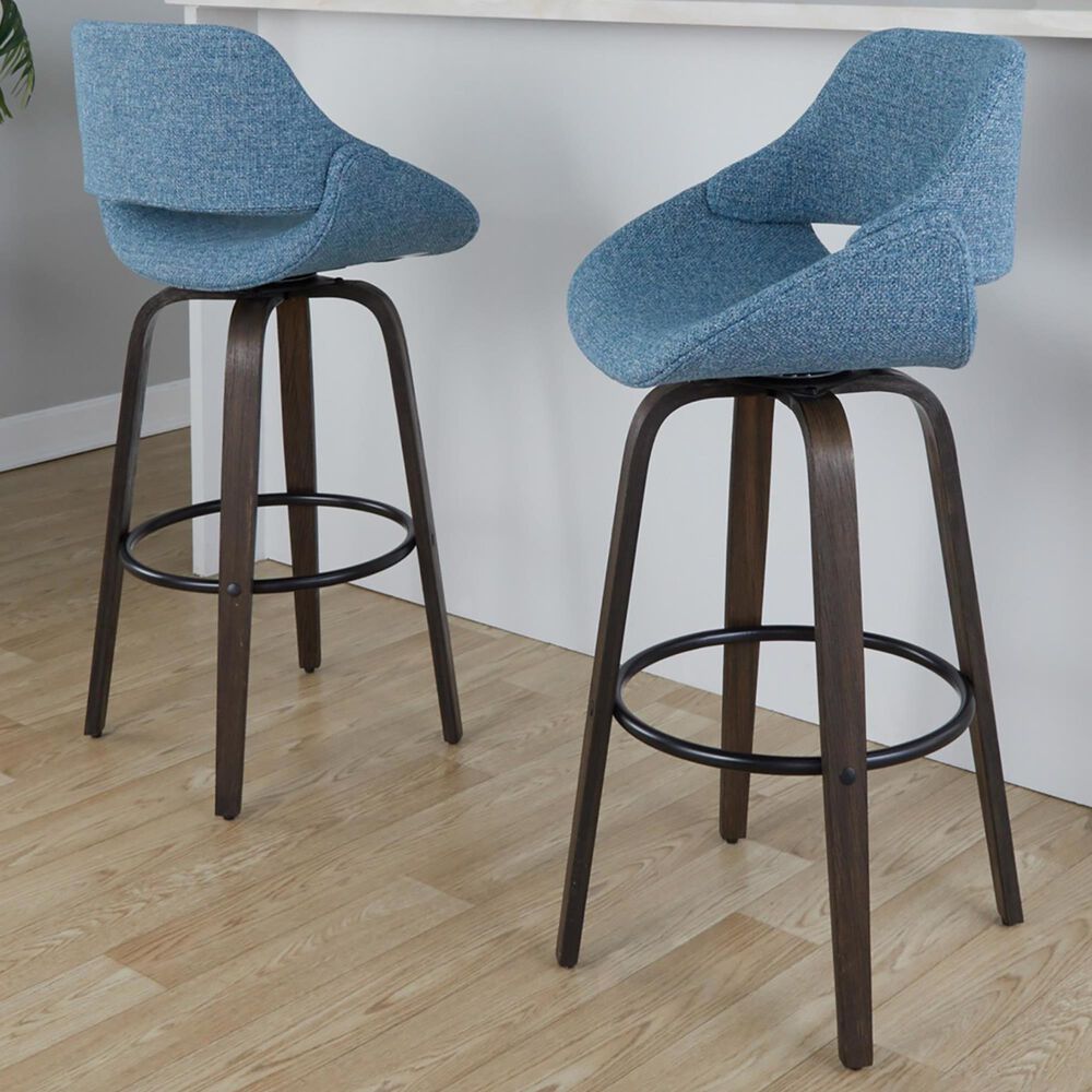 LumiSource Fabrico 30" Swivel Fixed-Height Bar Stool with Blue Noise Fabric Upholstery in Black and Glazed Walnut (Set of 2), , large