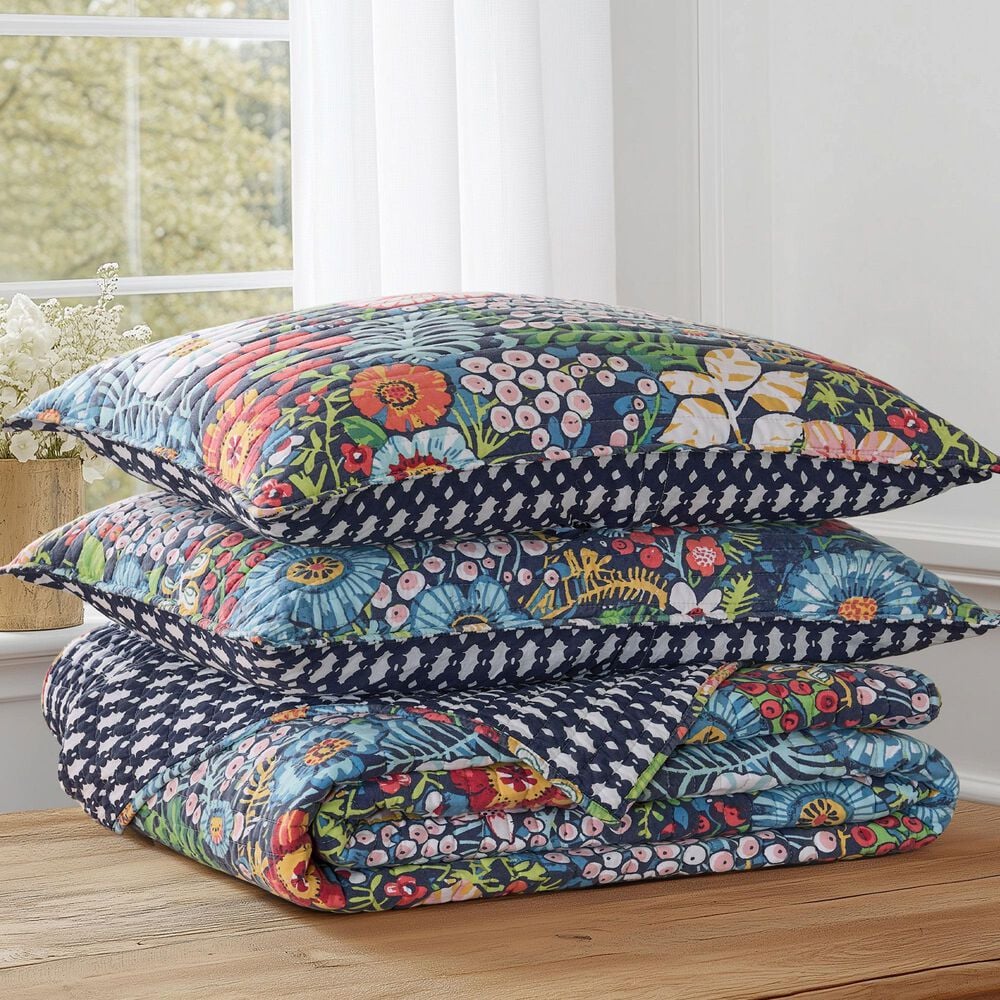 Levtex Night Garden 3-Piece Reversible Full/Queen Quilt Set in Navy, Red, Pink, Green, Ochre and White, , large