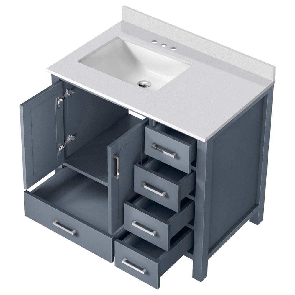 Lexora Home Jacques 36&quot; Left Offset Single Bathroom Vanity in Dark Grey with 2 cm White Cultured Marble Top and Rectangular Sink, , large