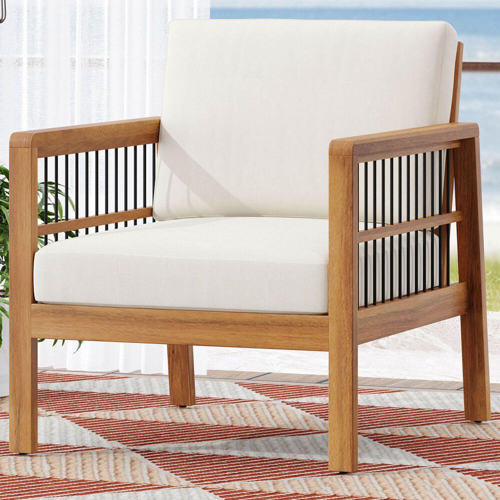 Hearth and Haven Outdoor Acacia Wood Club Chair with Beige Cushions and Slat Panel in Teak, , large