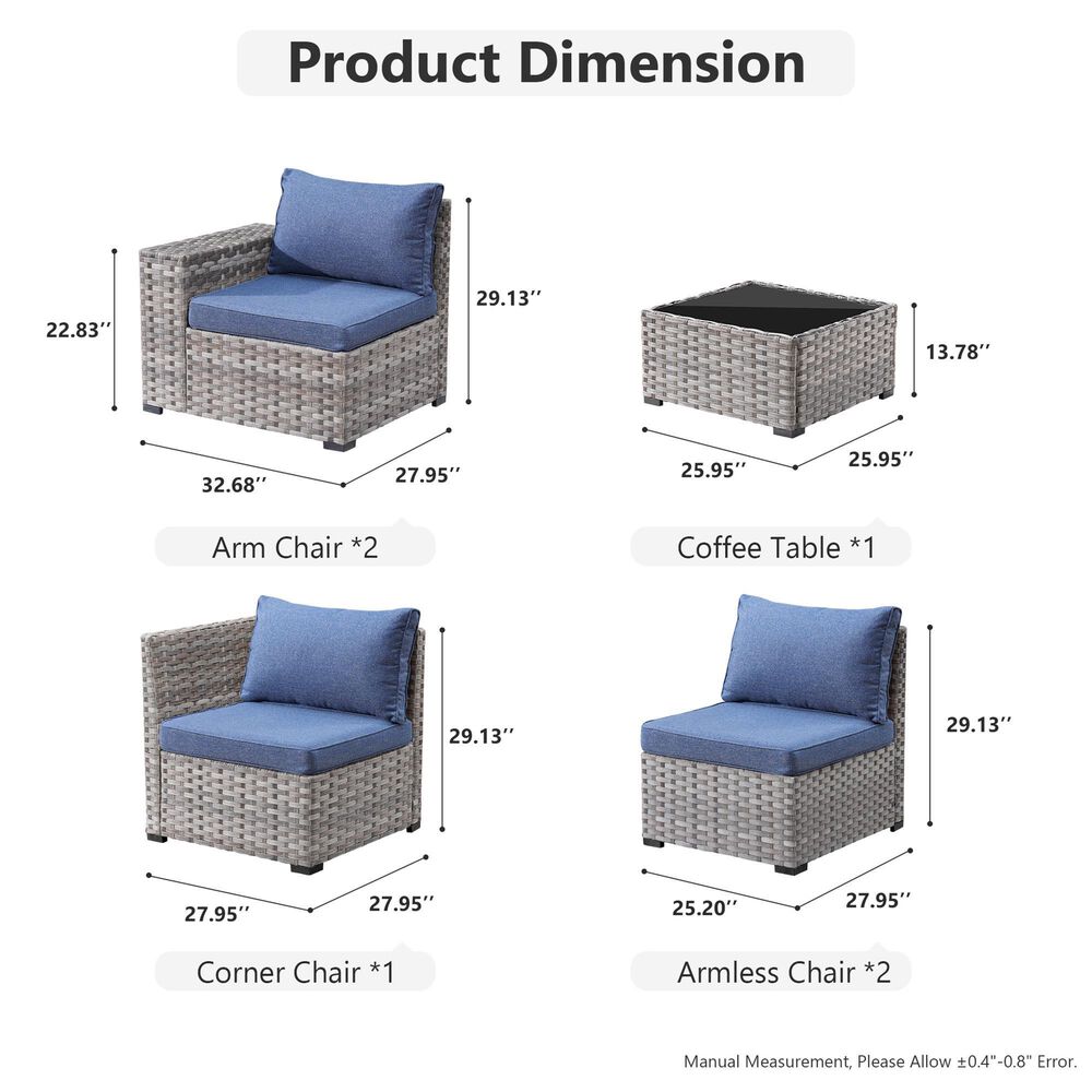 HOMLUX 6 Piece Outdoor Wicker Sectional Patio Furniture Set in Denim Blue, , large
