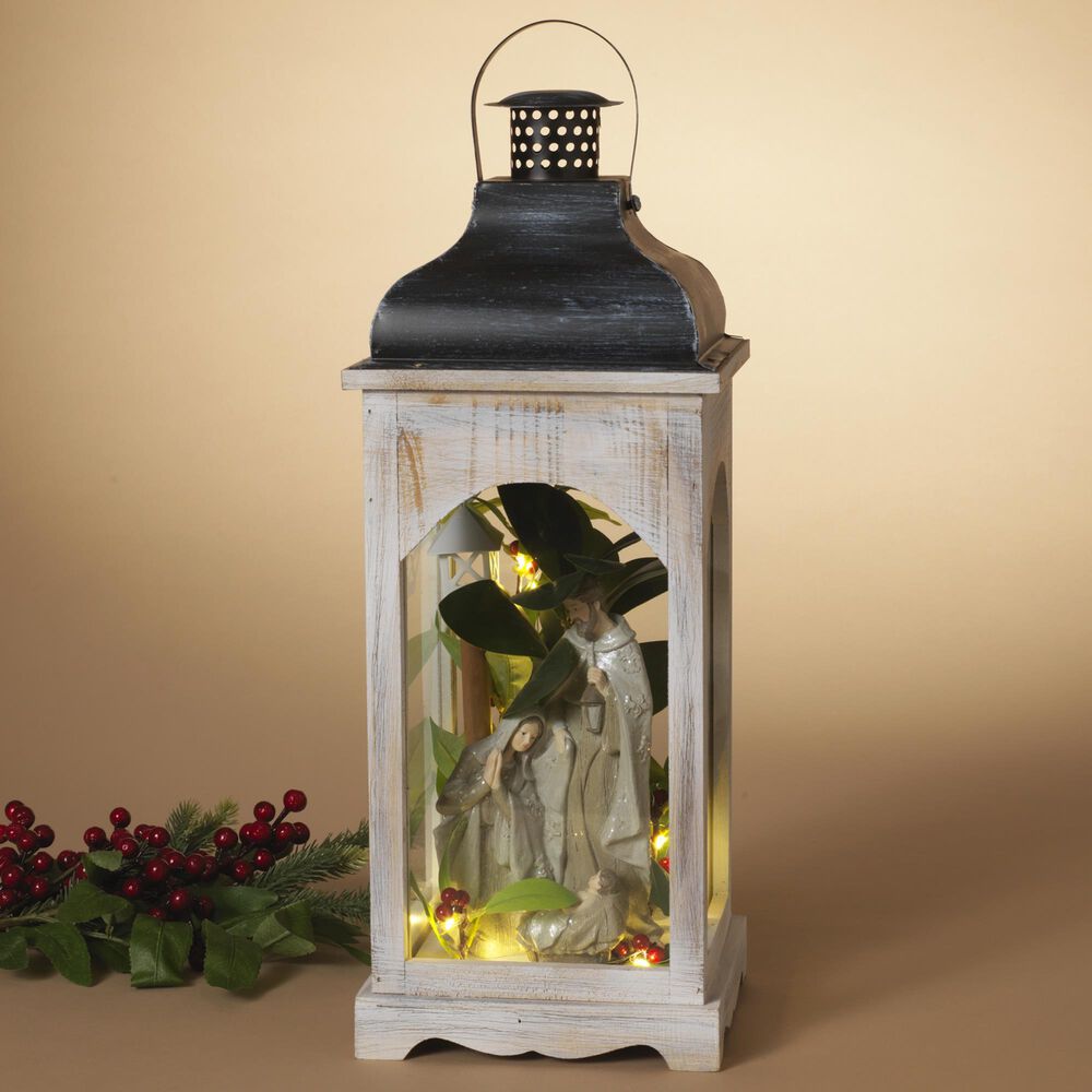 The Gerson Company Lighted Nativity Scene Lantern with Floral Accent in White, , large
