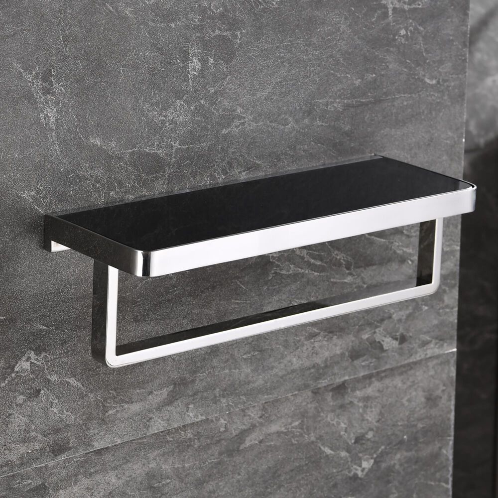 Lexora Home Bagno Bianca Towel Bar with Glass Shelf in Chrome and Black, , large