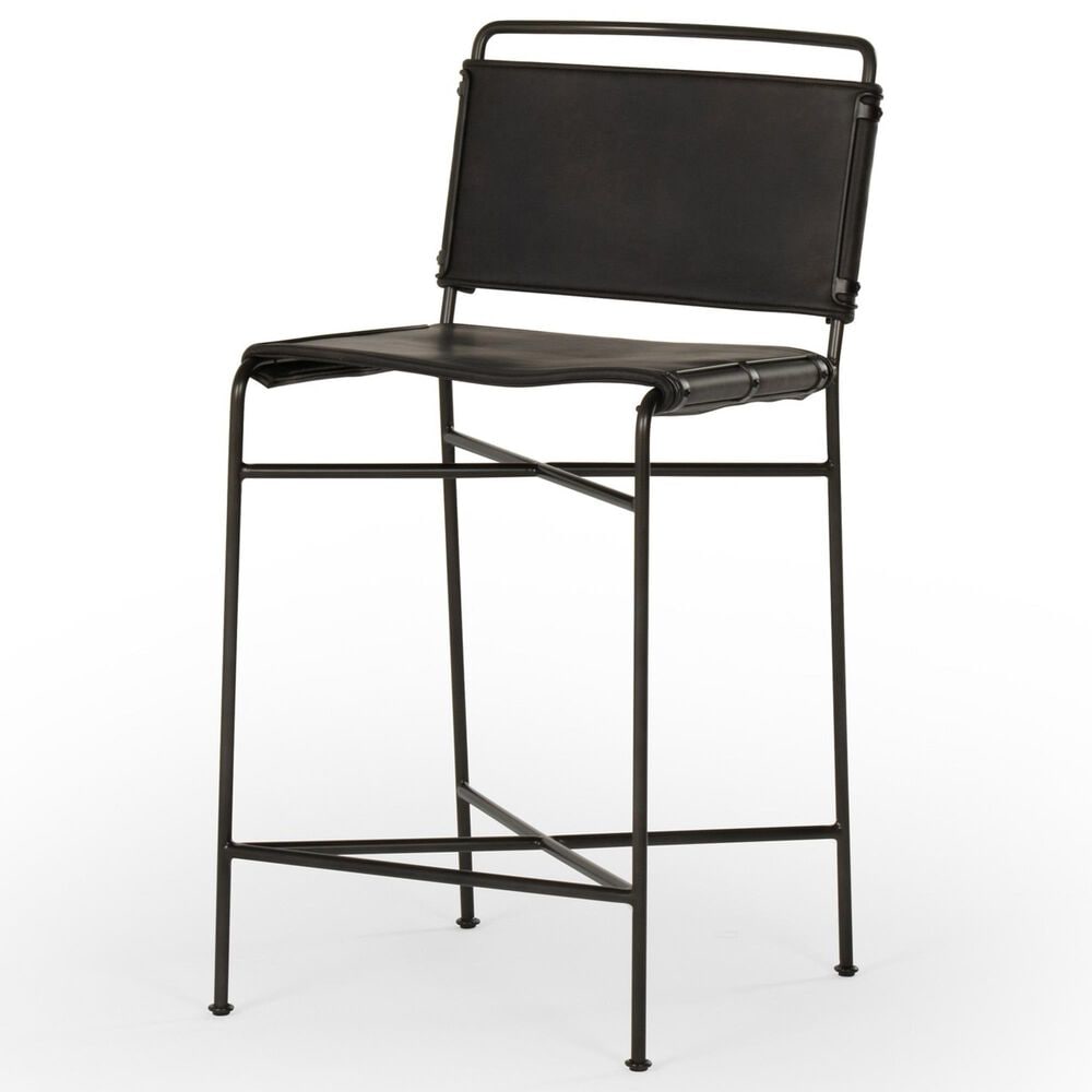 Four Hands Wharton Metal and Faux Leather Counter Stool in Distressed Black, , large