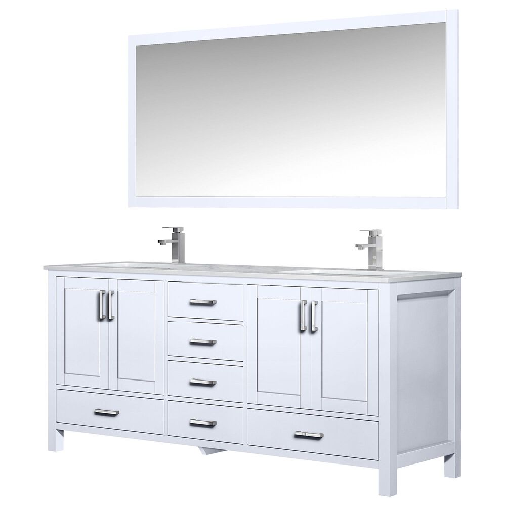 Lexora Home Jacques 72" Double Bathroom Vanity in White with Carrara Marble Top, Rectangle Sinks, Chrome Faucets and Mirror, , large