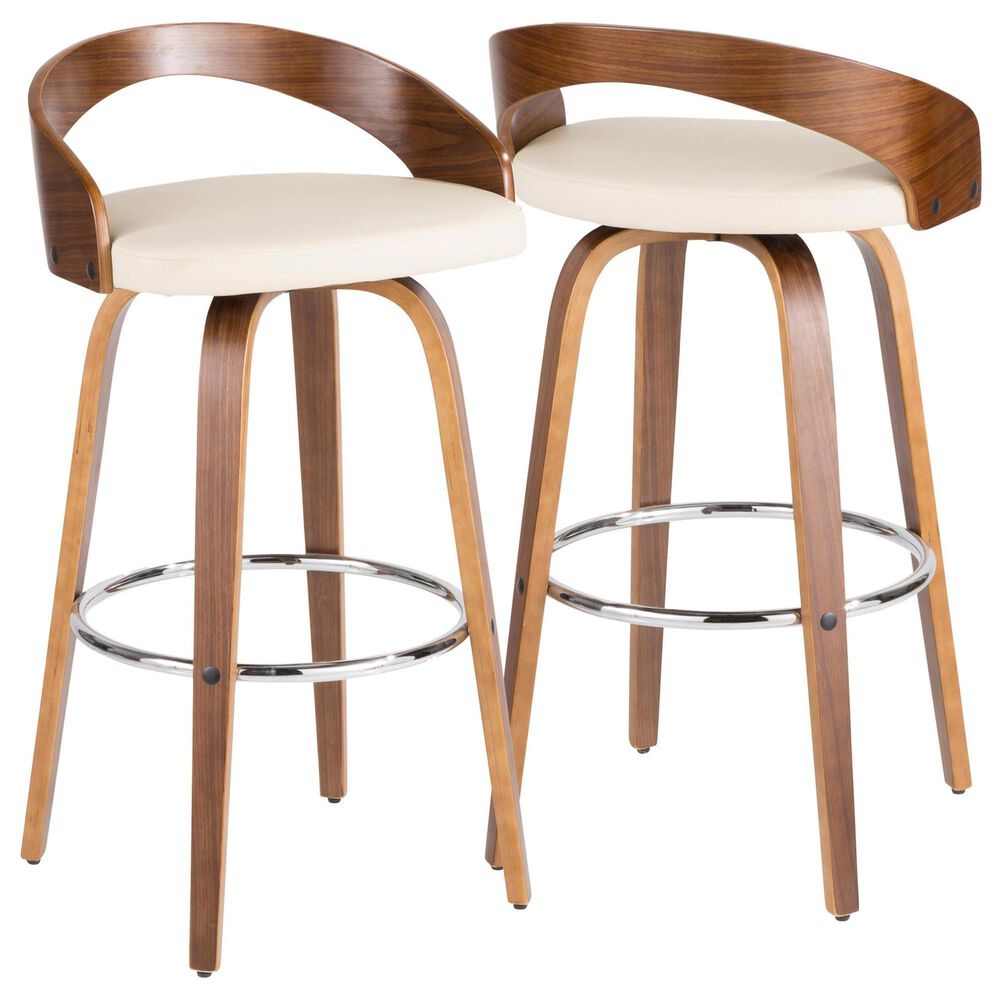 LumiSource Grotto 30" Bar Stool with Cream Upholstery in Walnut Wood and Chrome (Set of 2), , large