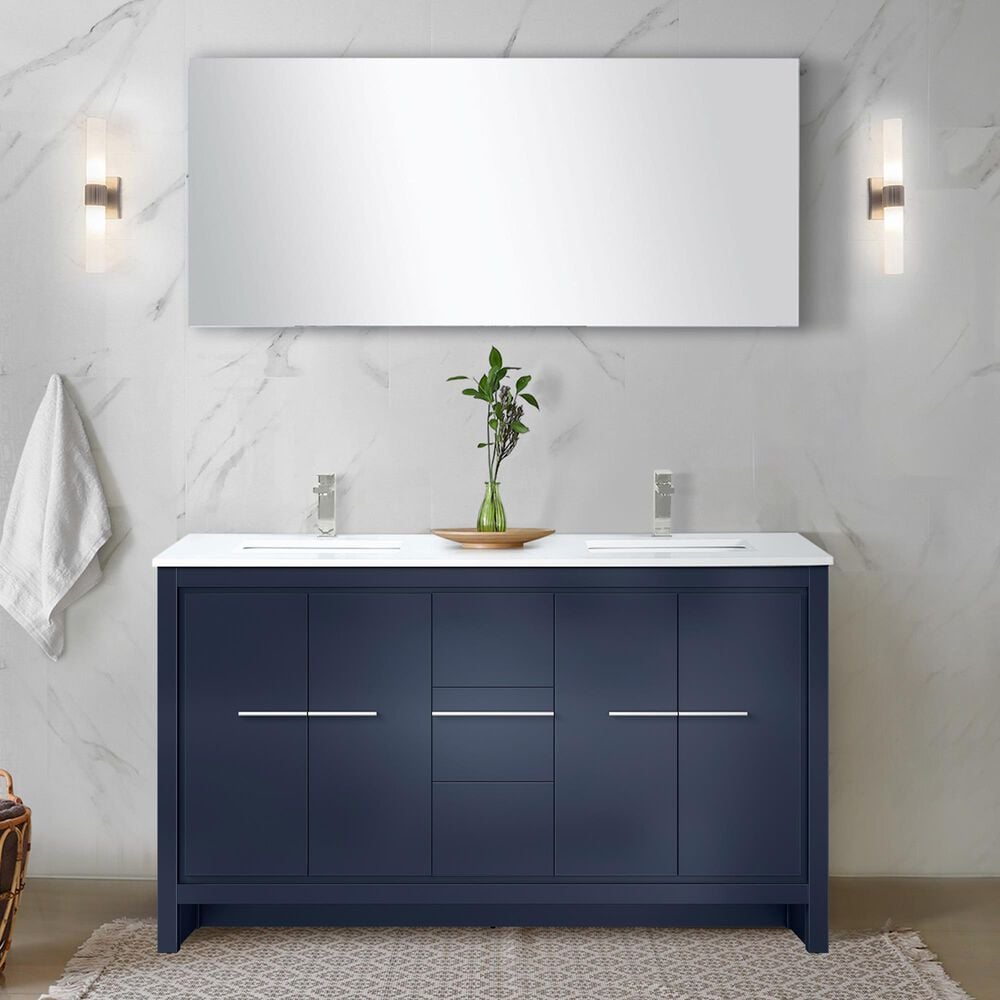 Lexora Home Lafarre 60&quot; Double Bathroom Vanity in Navy Blue with 2 cm White Quartz Top and Rectangular Sinks, , large