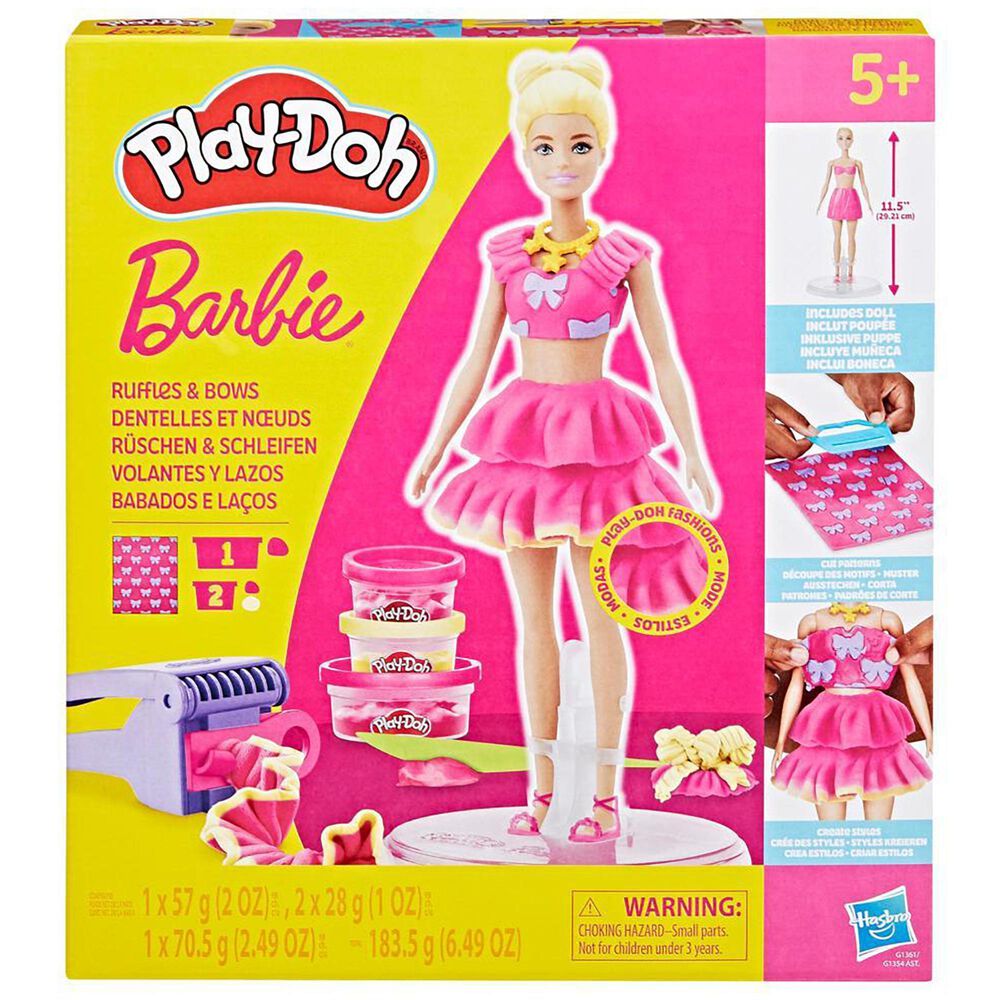 PlayDoh Barbie Ruffles and Bows Doll Set with Three Modeling Doughs in Yellow and Pink, , large