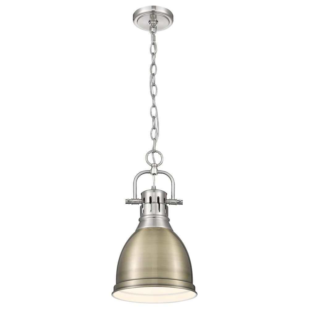 Golden Lighting Duncan 1-Light Small Pendant with Chain and Aged Brass Shade in Pewter, , large