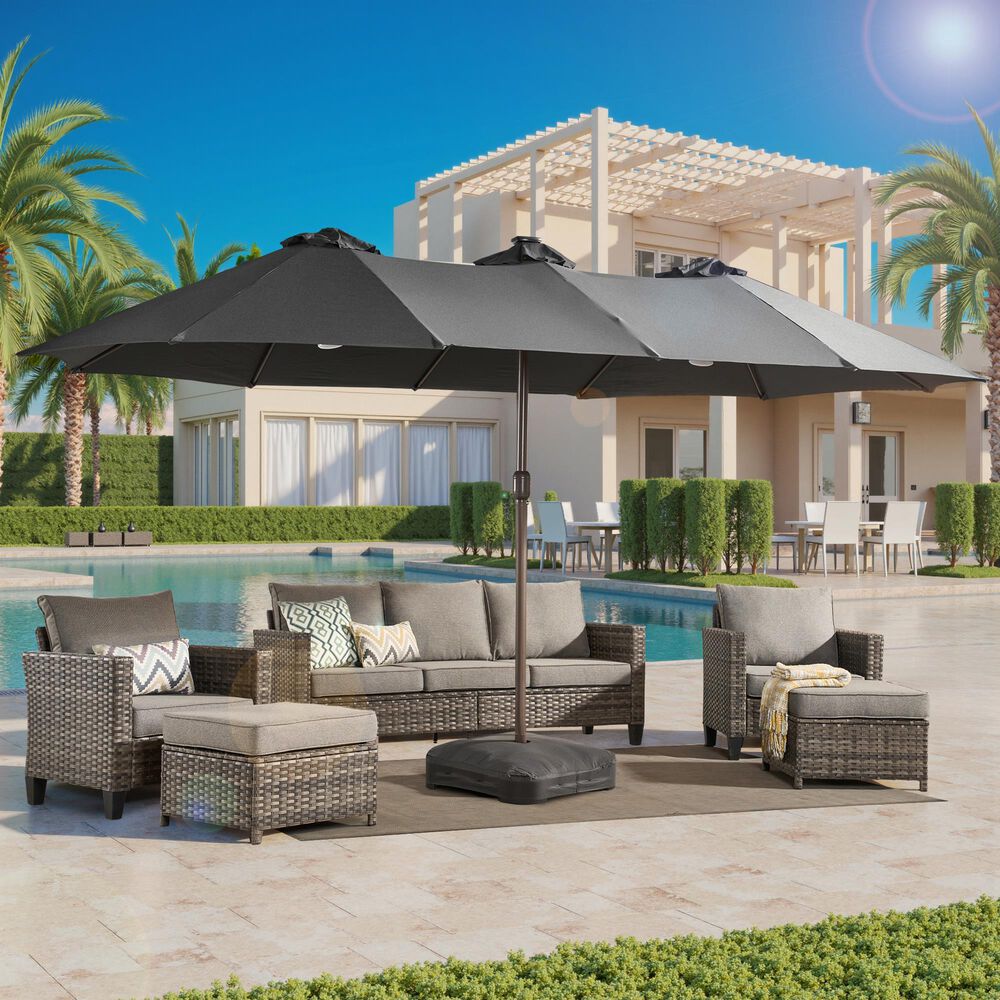 HOMLUX 15' Outdoor Market Umbrella with Sandbags Base and LED Lights in Dark Gray, , large