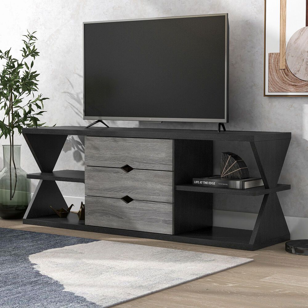 Furniture of America Finn 60&quot; TV Stand in Black and Distressed Gray, , large