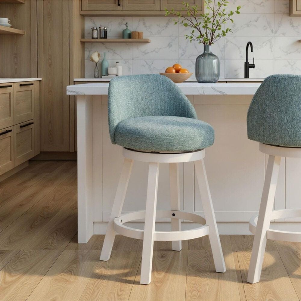 Armen Living Erika Swivel Counter Height Stool with Light Blue Upholstery in White, , large
